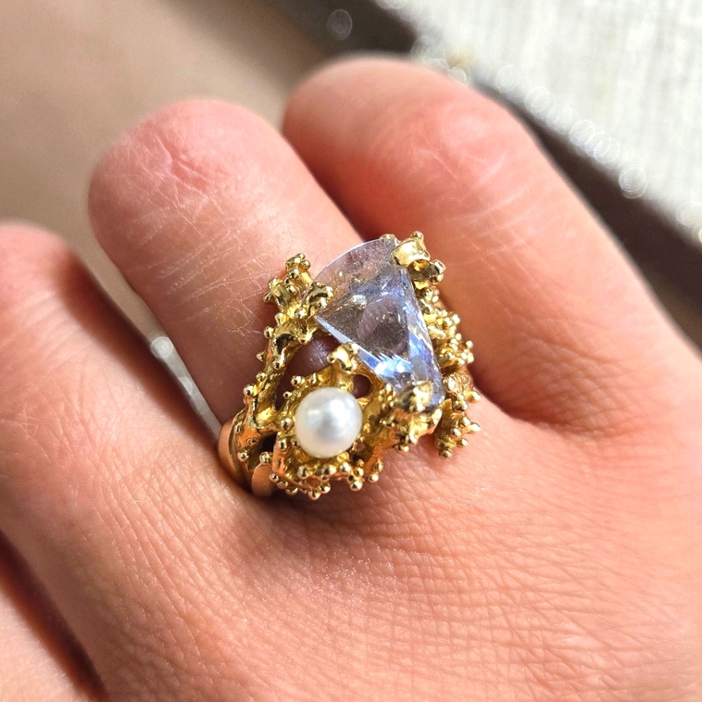 14k Gold Aquamarine Pearl Cocktail Ring